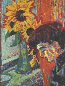 Vrouwenhoofd voor Zonnebloemen door Ernst Ludwig Kirchner